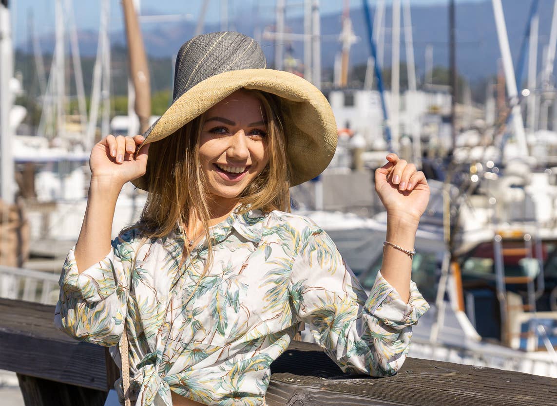 5" & 7" Wide Brim Two Tone Packable Straw Sun Hats