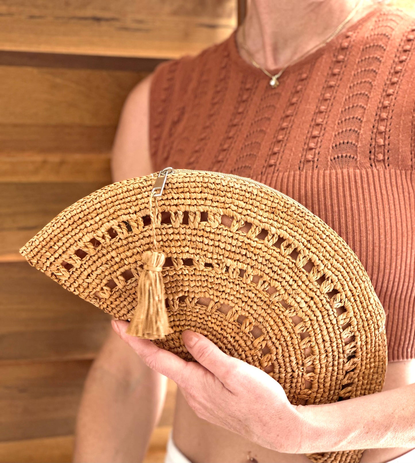 Half Moon Crochet Straw Clutch in Fuchsia