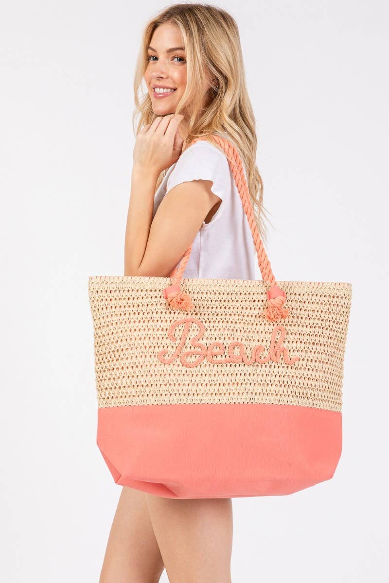 Large Beach Print Braided Tote Bag