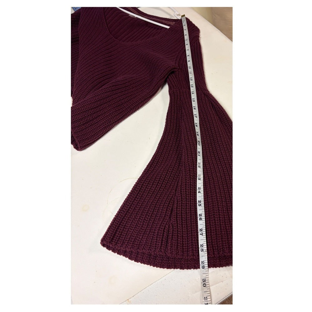 Free People Bell Sleeve Chunky Knit V-Neck Sweater Burgundy Maroon Sz S
