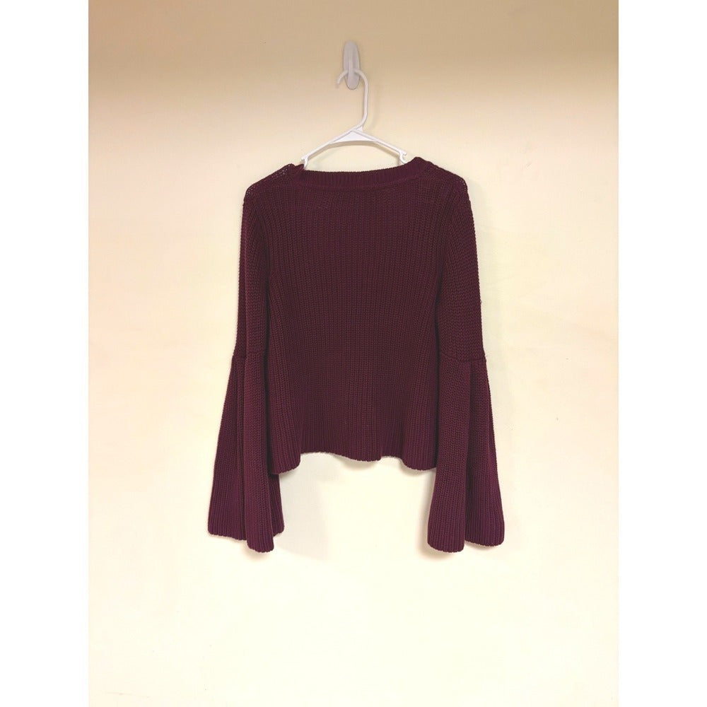 Free People Bell Sleeve Chunky Knit V-Neck Sweater Burgundy Maroon Sz S