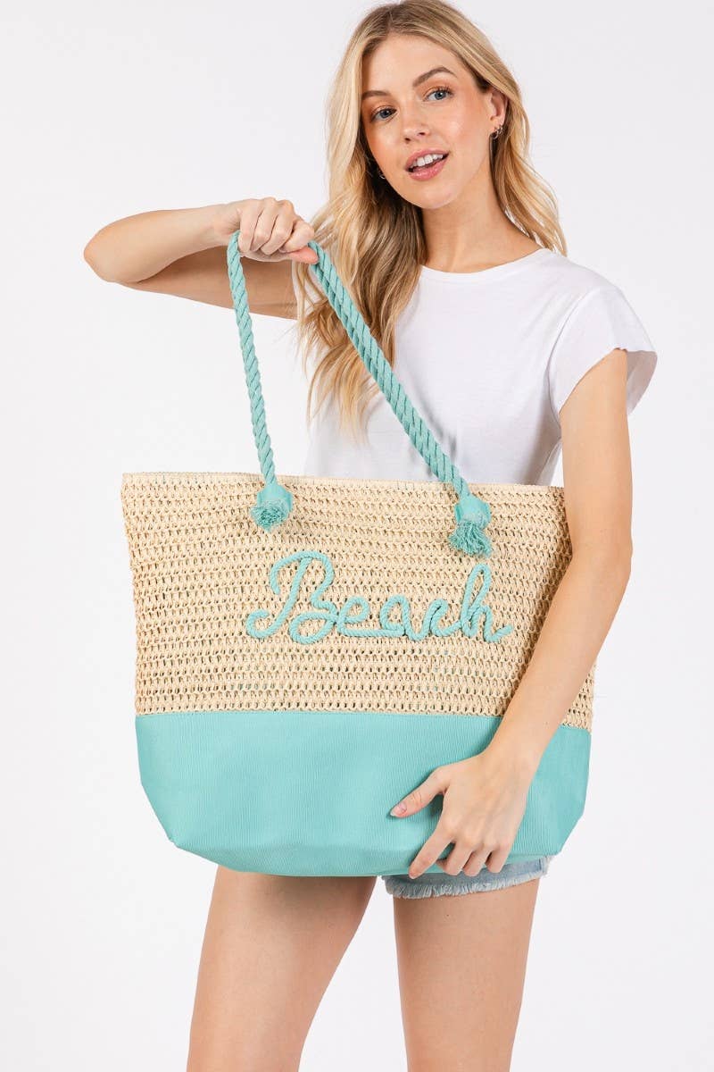 Large Beach Print Braided Tote Bag