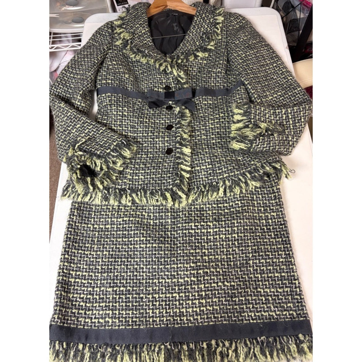 Vintage JON Womens Tweed Skirt Suit Black Grey Yellow Fringe Size 4