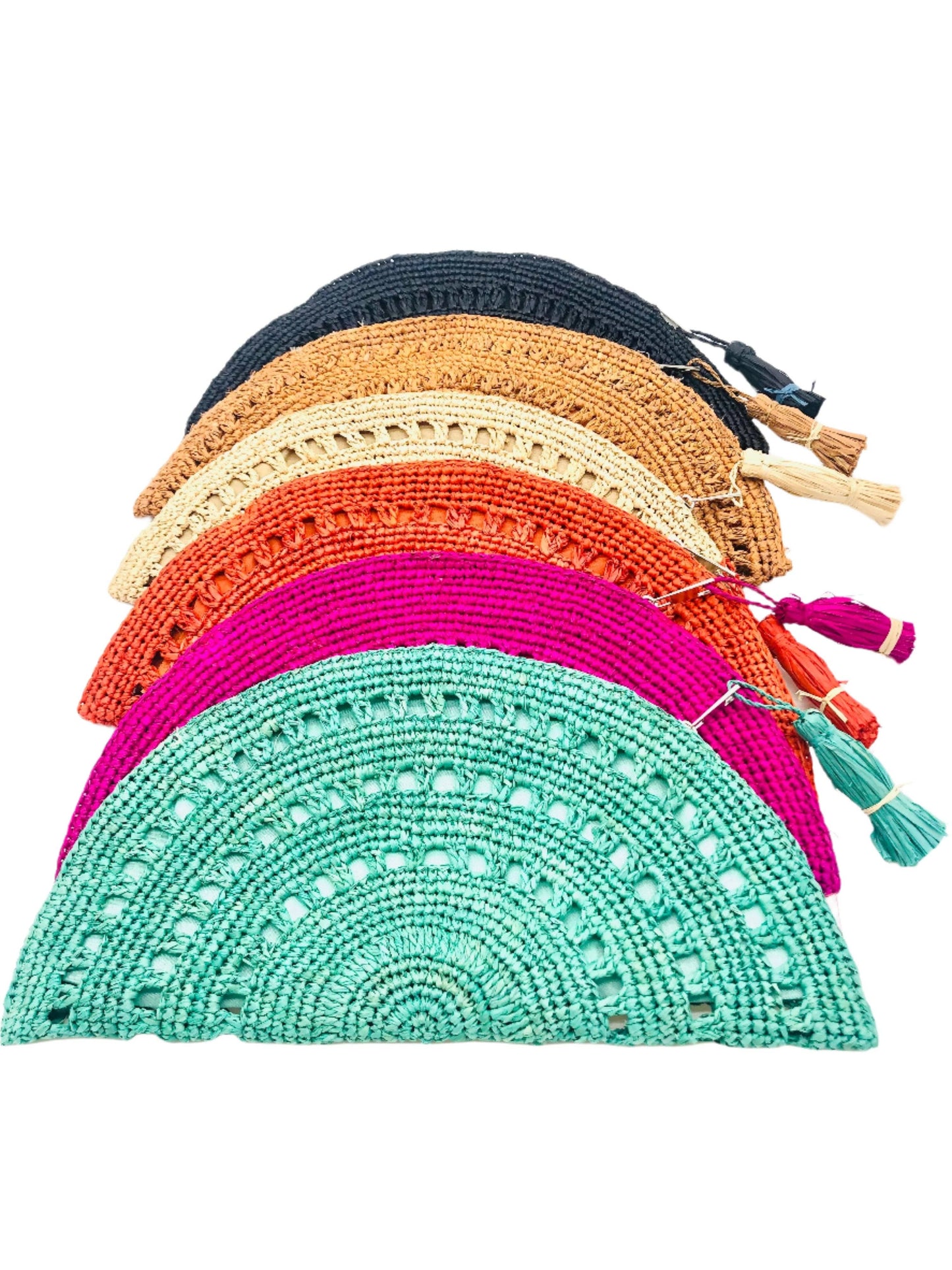 Half Moon Crochet Straw Clutch in Fuchsia