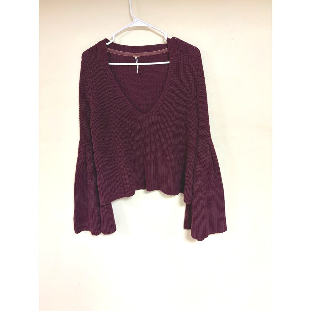 Free People Bell Sleeve Chunky Knit V-Neck Sweater Burgundy Maroon Sz S