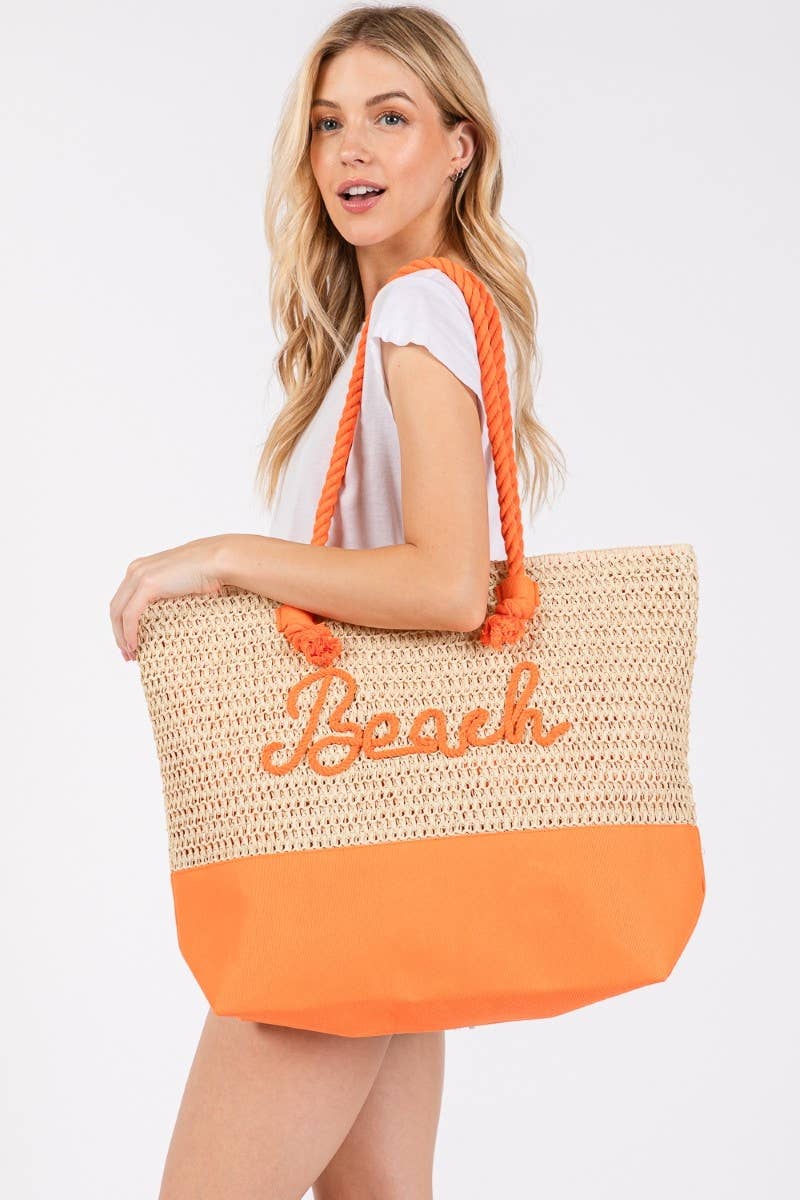 Large Beach Print Braided Tote Bag