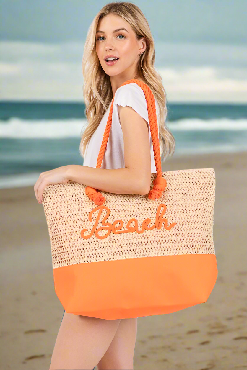 Large Beach Print Braided Tote Bag