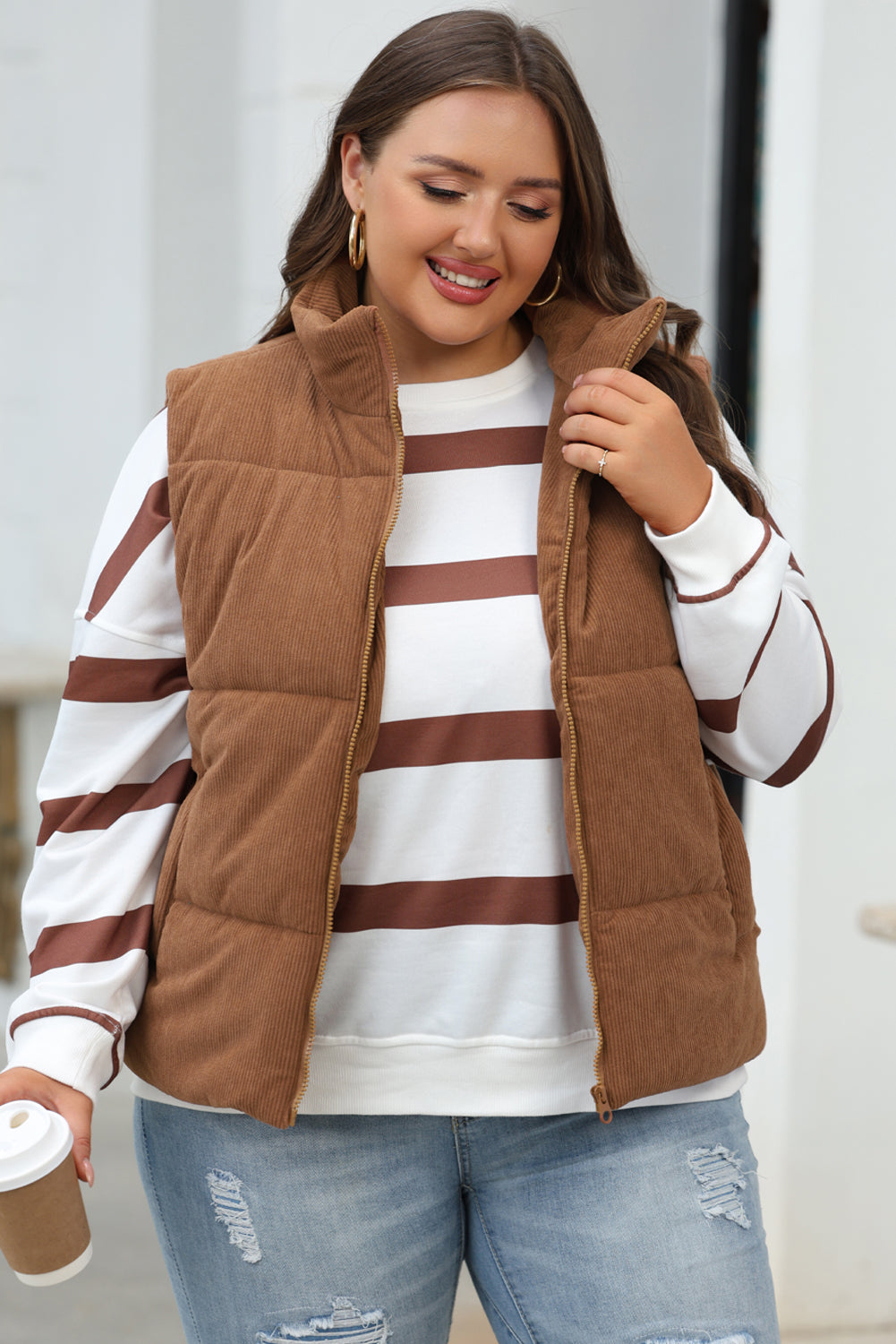 Black Corduroy Stand Neck Zipped Puffer Vest