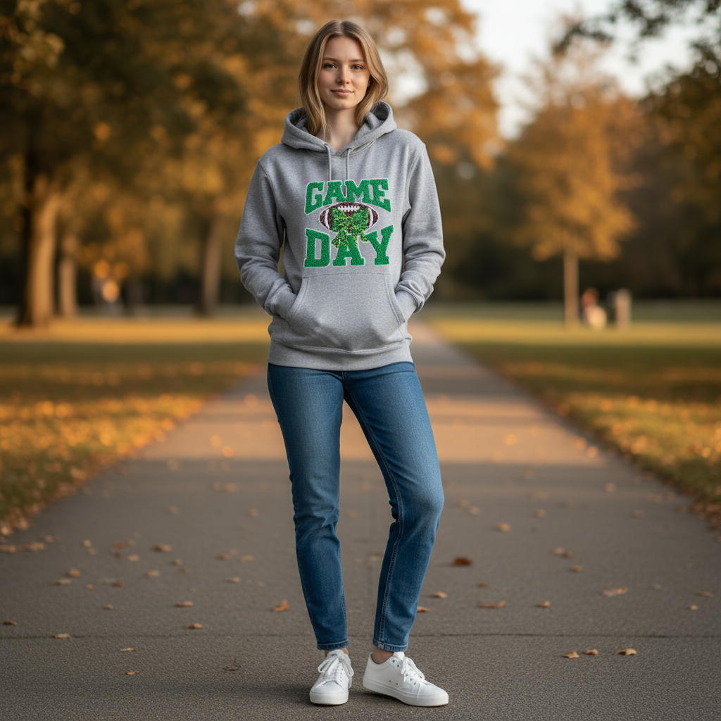 Green Chenille Sequin Game Day Patch on Black Hoodie