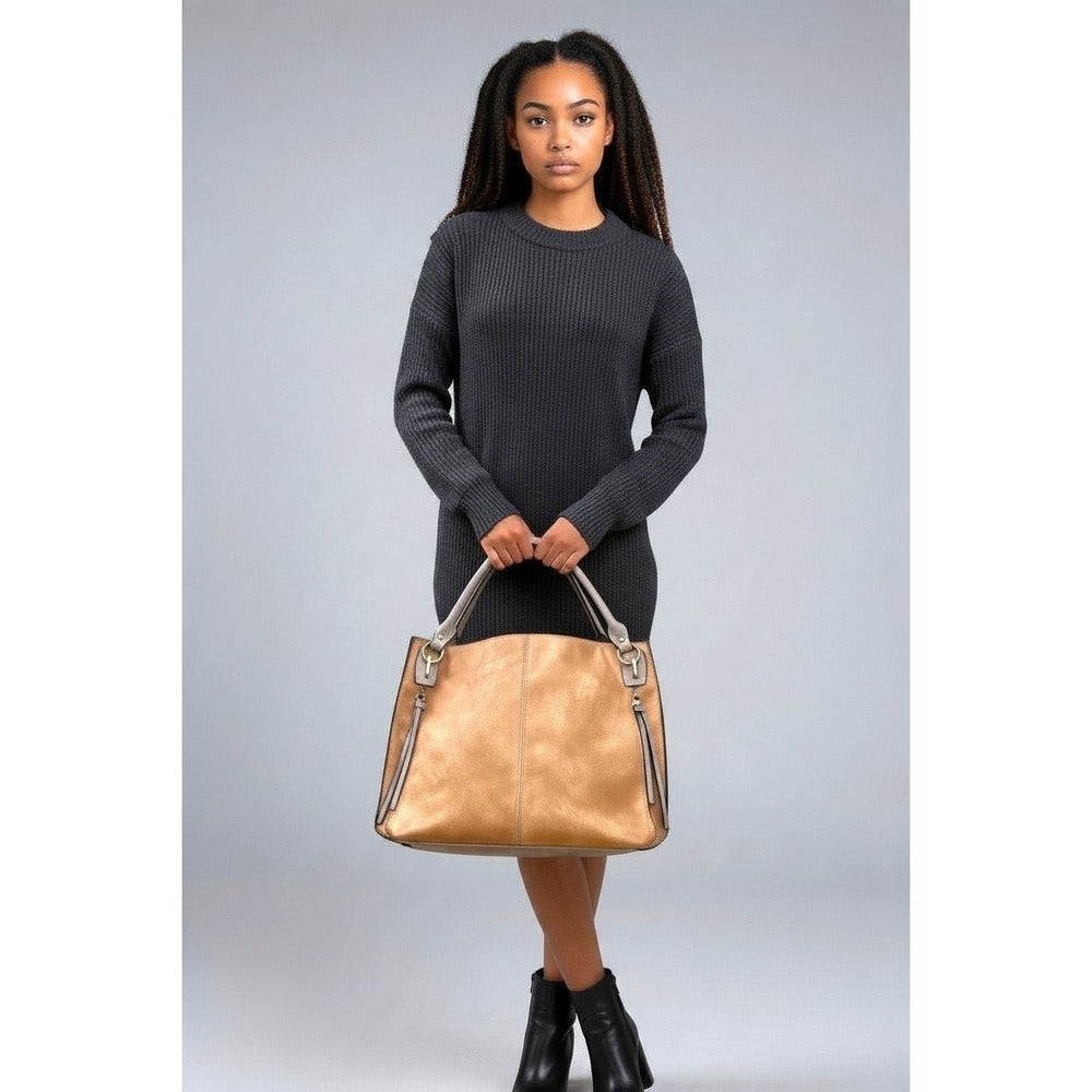 Jen & Co Two Tone Distressed Vegan Leather Shoulder Bag Tote w/ Crossbody Strap