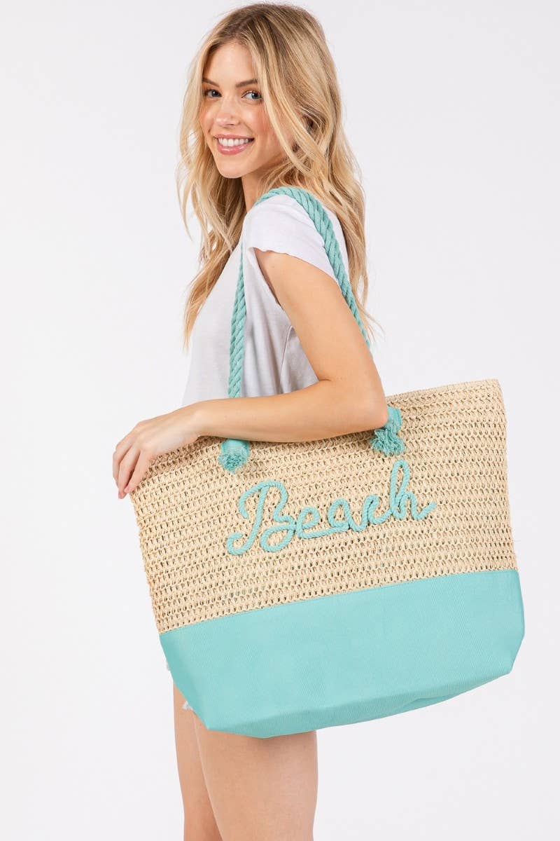 Large Beach Print Braided Tote Bag