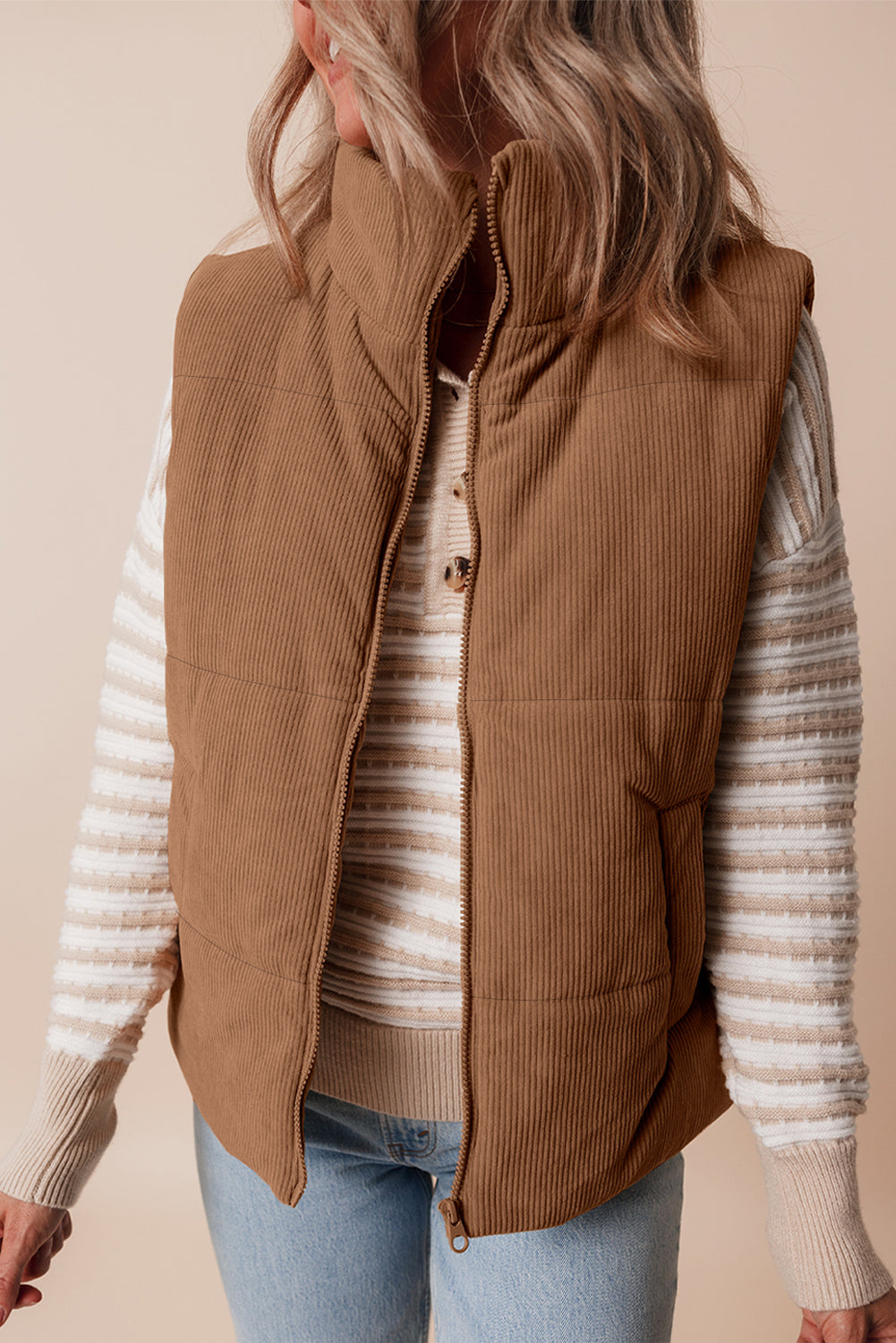 Black Corduroy Stand Neck Zipped Puffer Vest