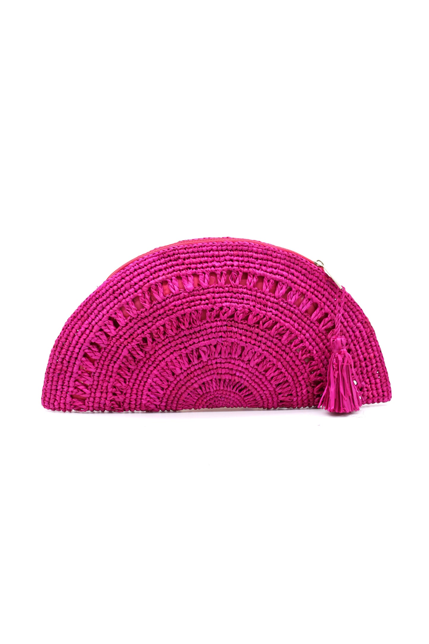 Half Moon Crochet Straw Clutch in Fuchsia
