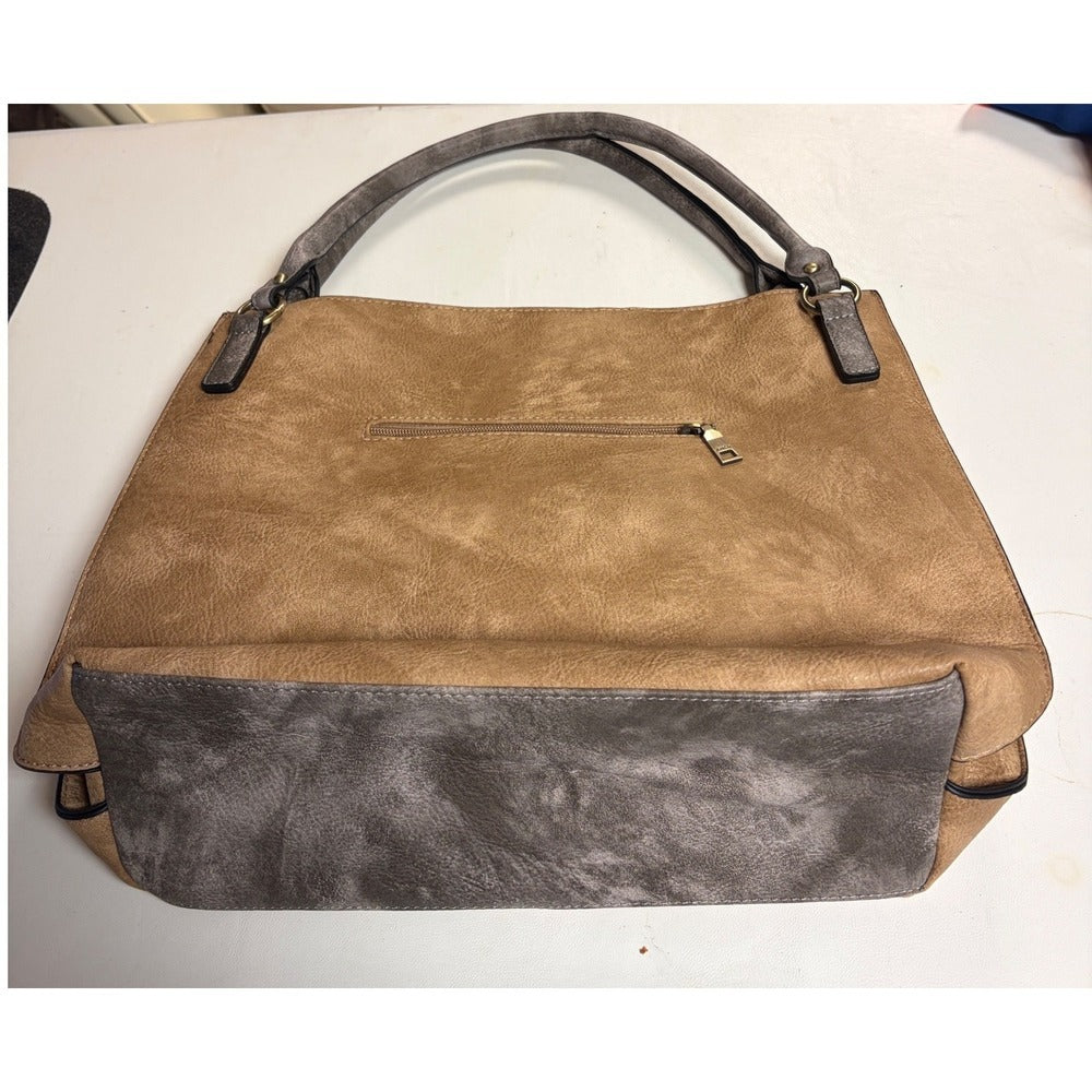 Jen & Co Two Tone Distressed Vegan Leather Shoulder Bag Tote w/ Crossbody Strap