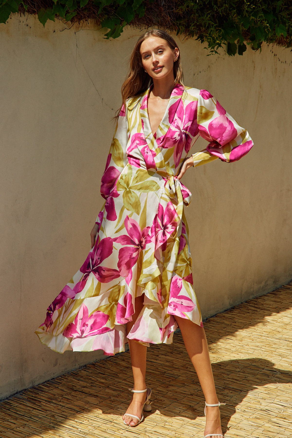 Honeysuckle Satin Midi Wrap Dress