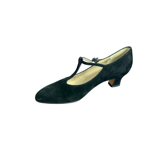 Vintage Salvatore Ferragamo Black Suede T-Strap Low Kitten Heels Size 8