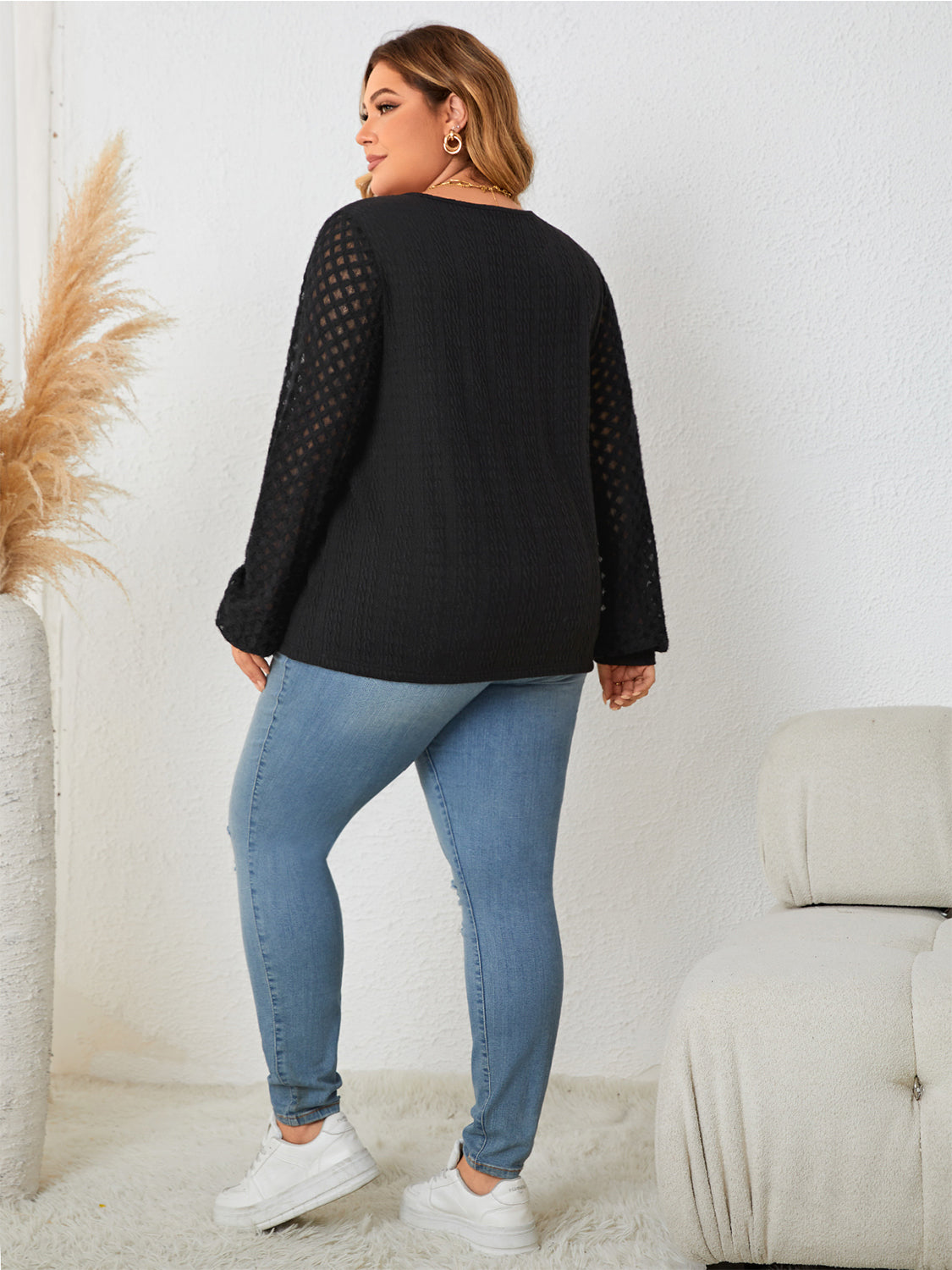 Plus Size Openwork Notched Button Blouse