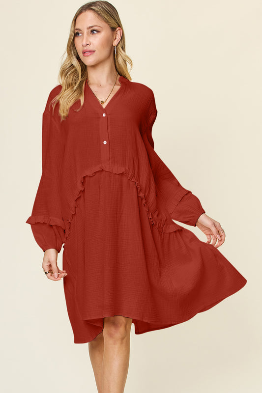 Half Button Ruffle Trim Dress