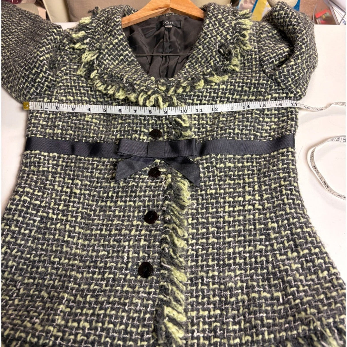 Vintage JON Womens Tweed Skirt Suit Black Grey Yellow Fringe Size 4