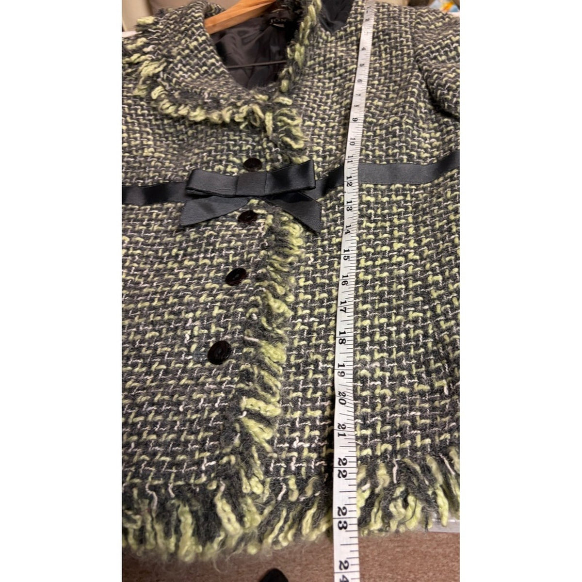 Vintage JON Womens Tweed Skirt Suit Black Grey Yellow Fringe Size 4