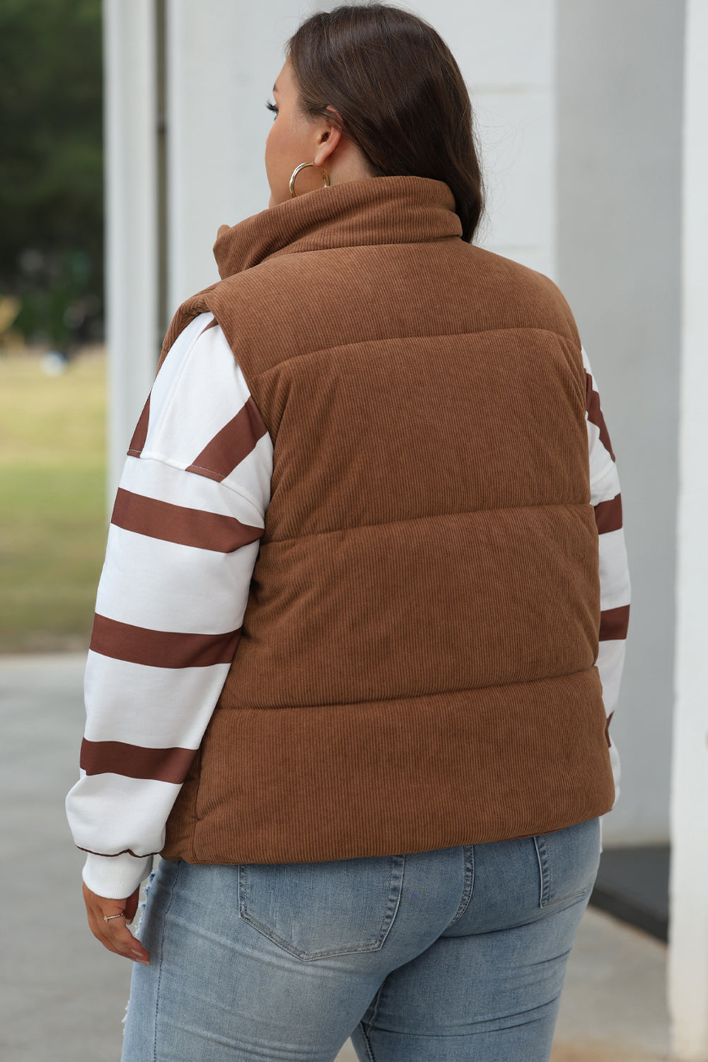 Black Corduroy Stand Neck Zipped Puffer Vest