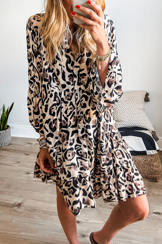 Black Leopard Print  Ruffled Hem Dress