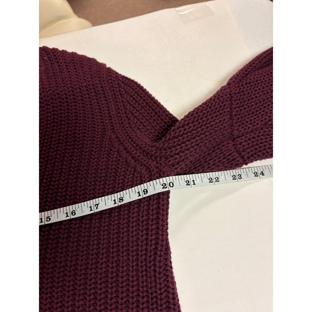 Free People Bell Sleeve Chunky Knit V-Neck Sweater Burgundy Maroon Sz S