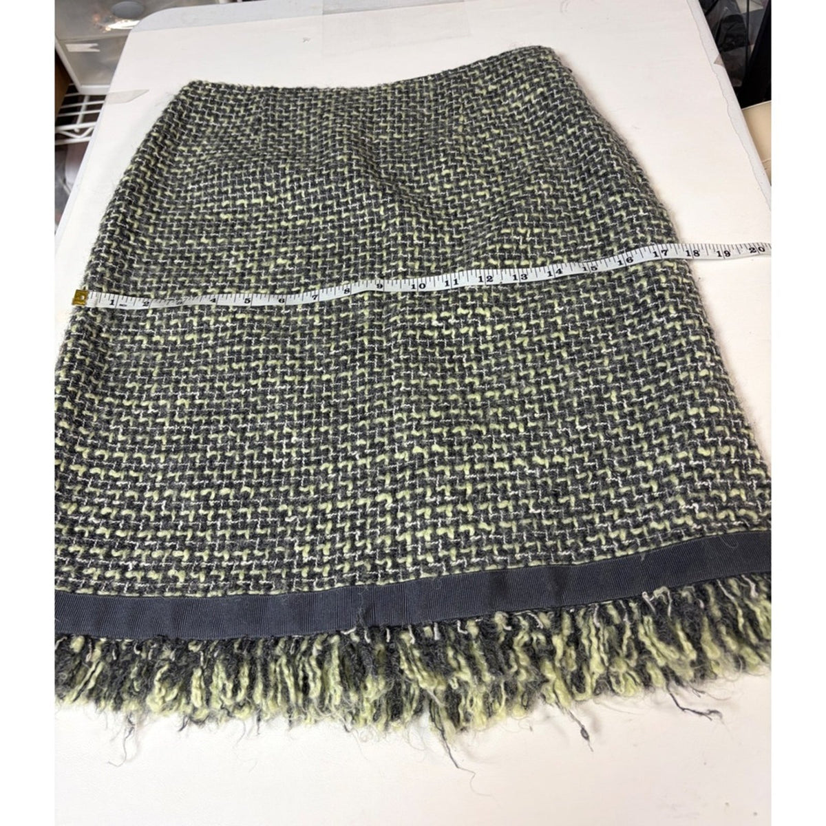 Vintage JON Womens Tweed Skirt Suit Black Grey Yellow Fringe Size 4