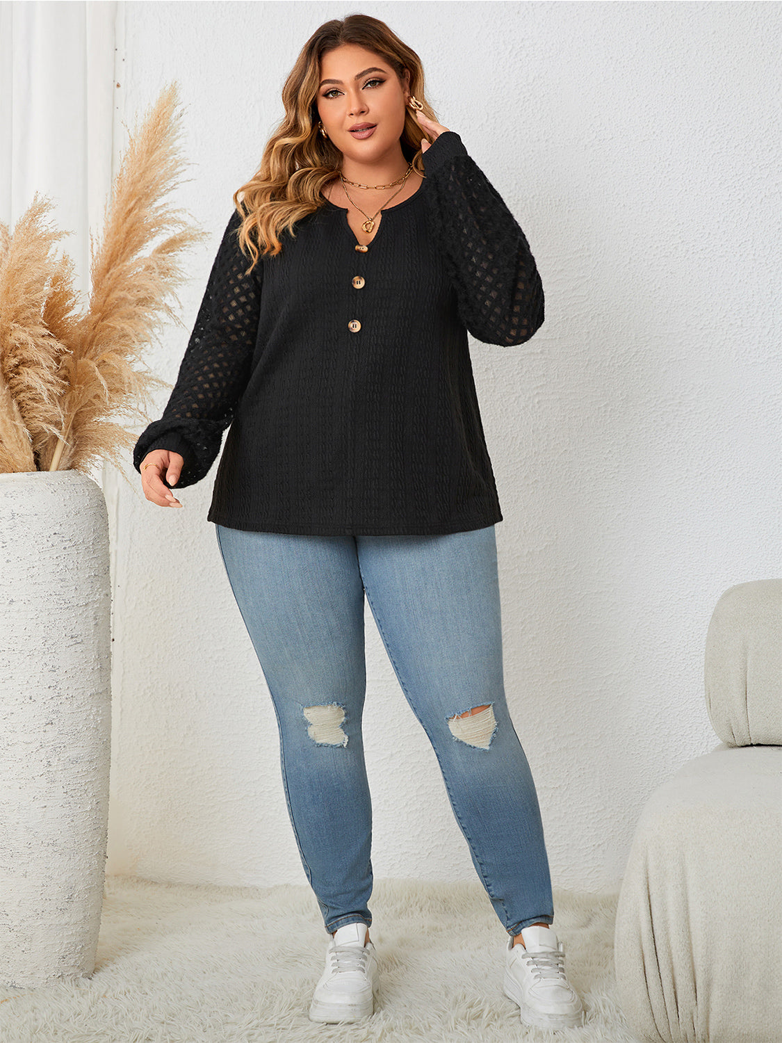 Plus Size Openwork Notched Button Blouse