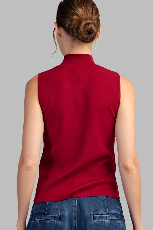 Red Mock Neck Sleeveless Sweater Top