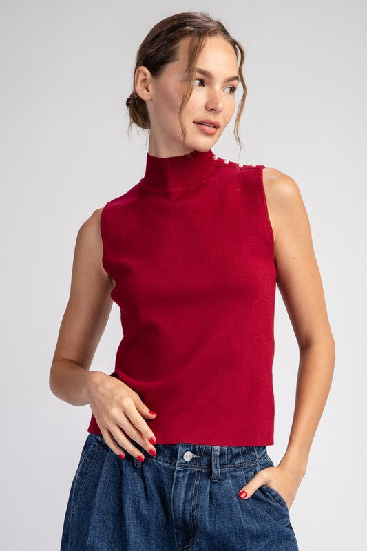 Red Mock Neck Sleeveless Sweater Top