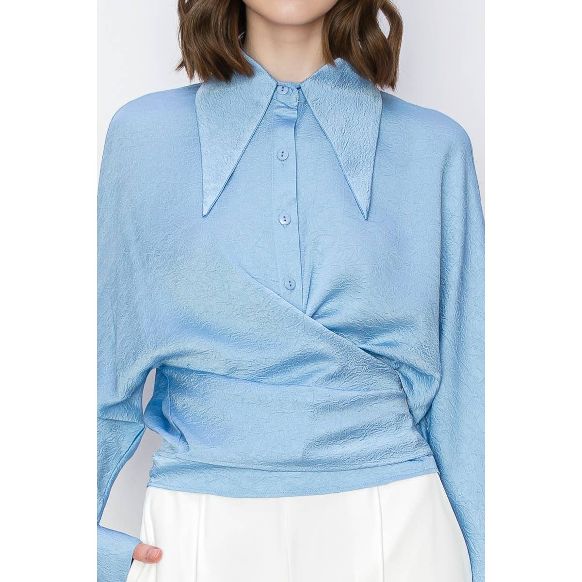 Satin Wrap Cross Knot Detail Blouse