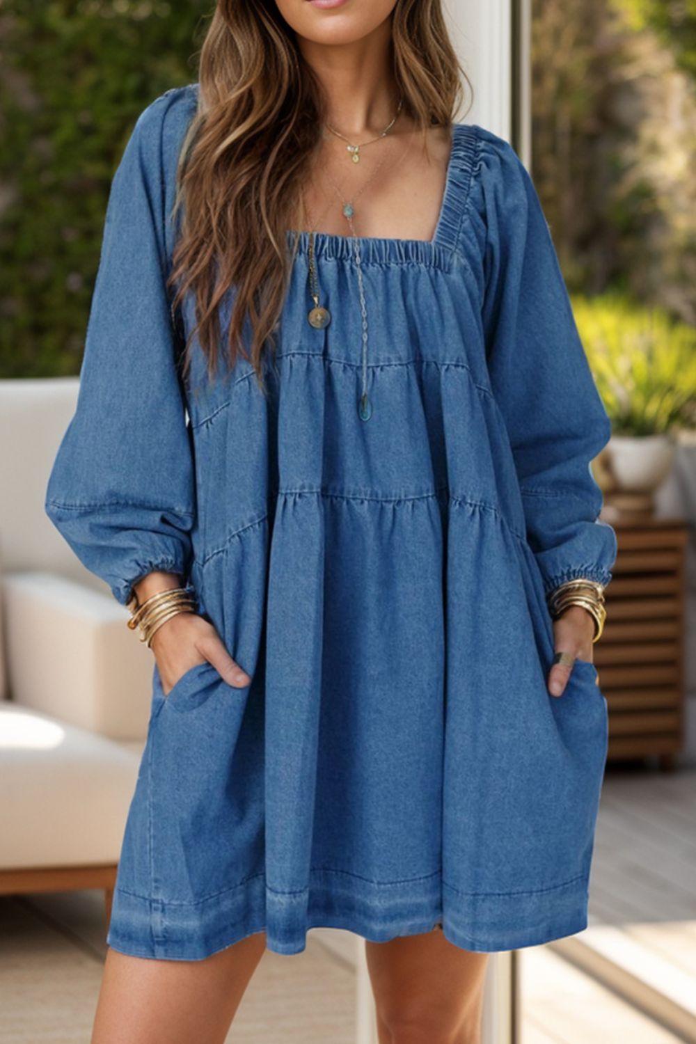 Tied Square Neck Denim Dress