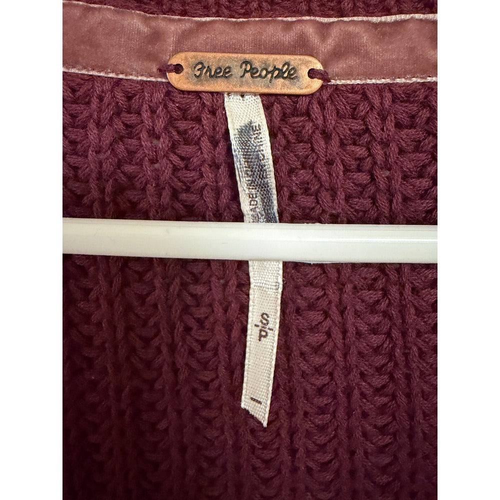 Free People Bell Sleeve Chunky Knit V-Neck Sweater Burgundy Maroon Sz S