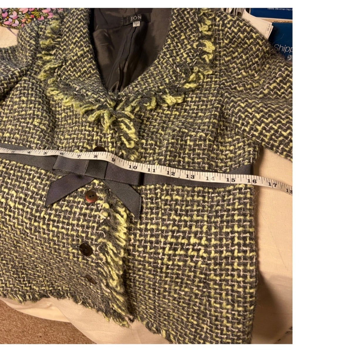 Vintage JON Womens Tweed Skirt Suit Black Grey Yellow Fringe Size 4
