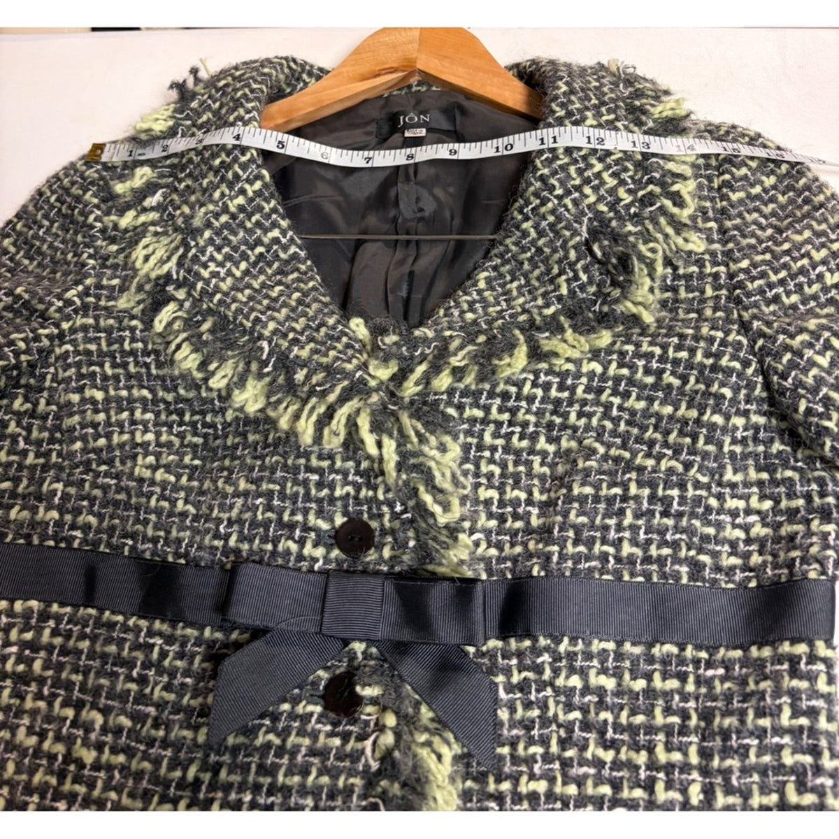 Vintage JON Womens Tweed Skirt Suit Black Grey Yellow Fringe Size 4
