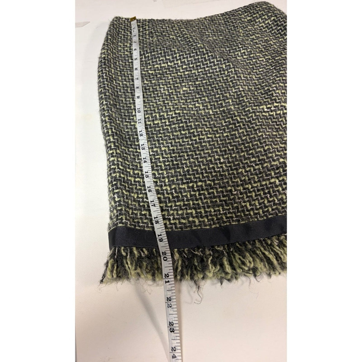 Vintage JON Womens Tweed Skirt Suit Black Grey Yellow Fringe Size 4
