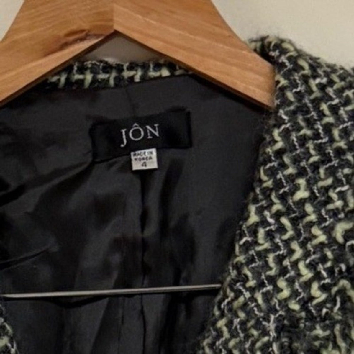 Vintage JON Womens Tweed Skirt Suit Black Grey Yellow Fringe Size 4