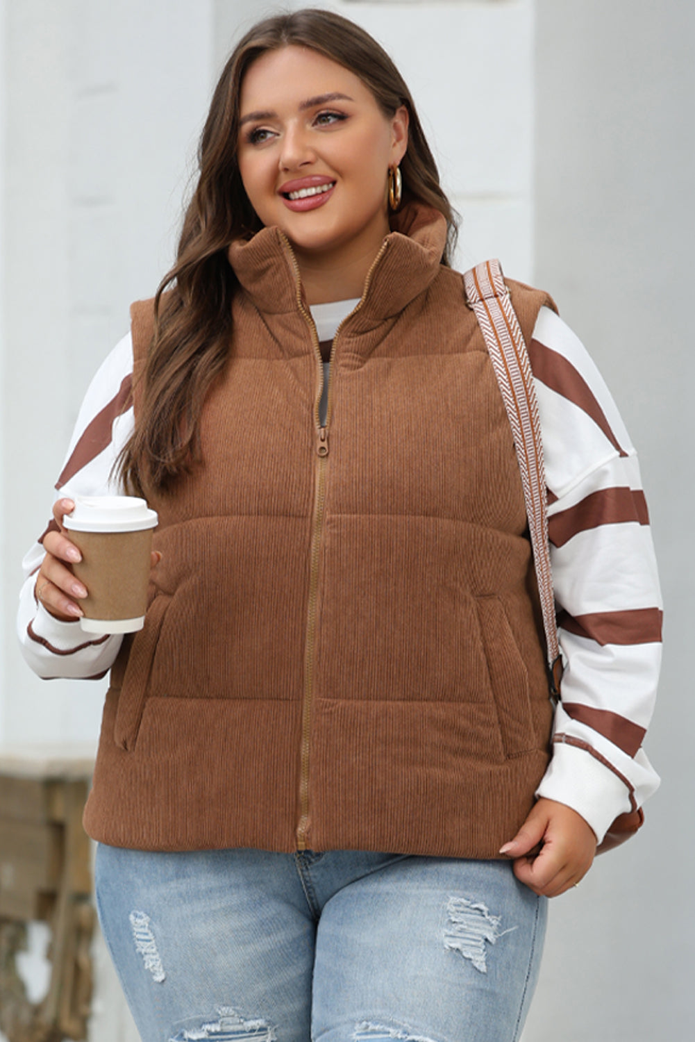 Black Corduroy Stand Neck Zipped Puffer Vest