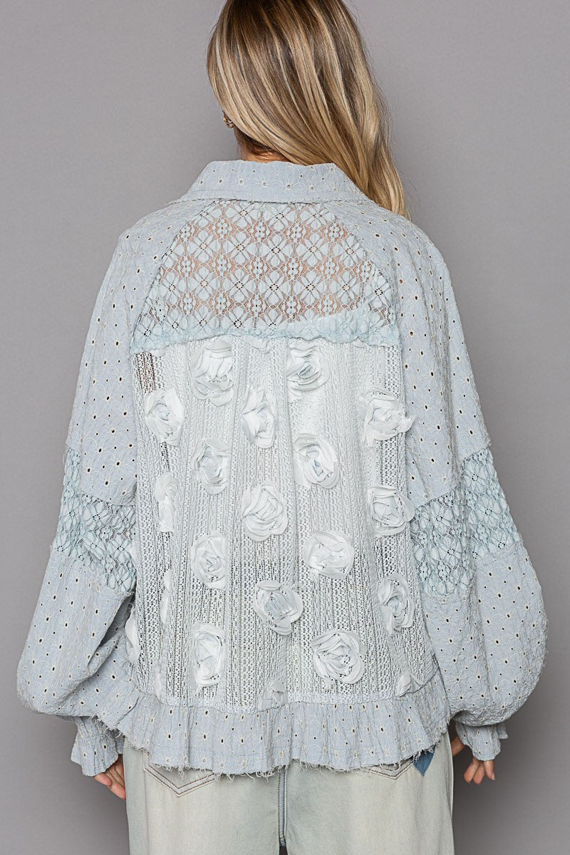 Eyelet Flower Pearl Detail Lace Patchwork Shirt