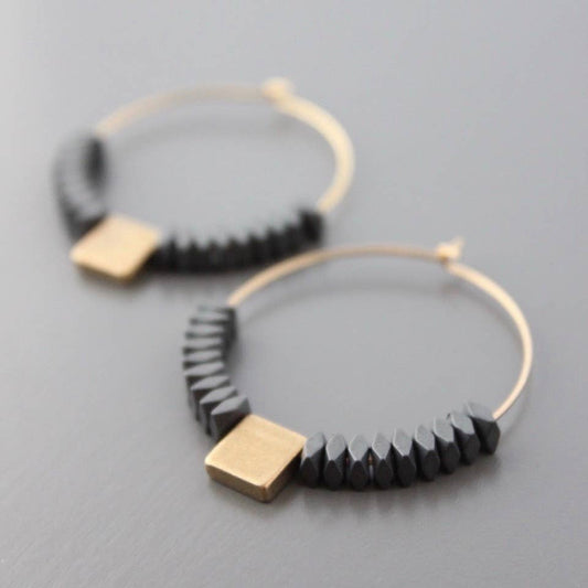 Black Hematite and Brass Hoop Earrings