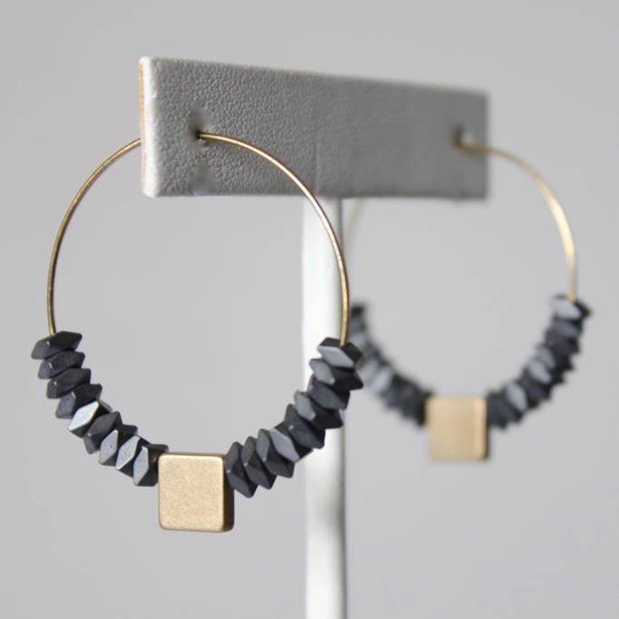 Black Hematite and Brass Hoop Earrings