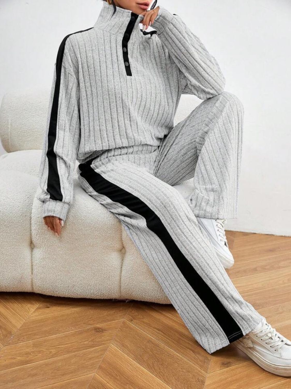 Contrast Collared Top and Pants Set