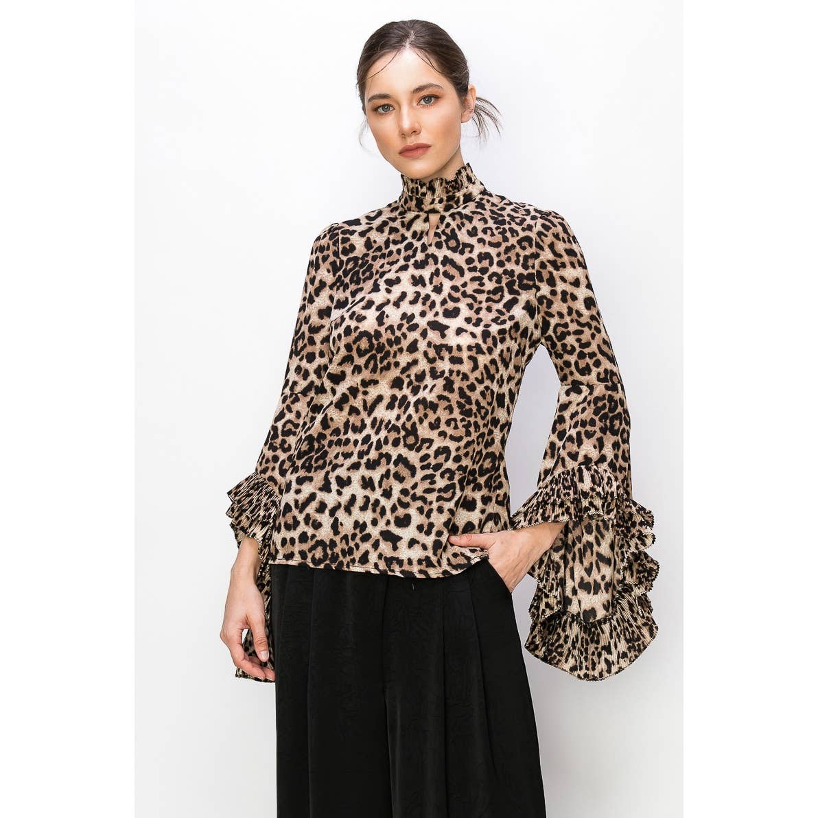 Leopard Print Pleated Ruffle Long Sleeves Blouse