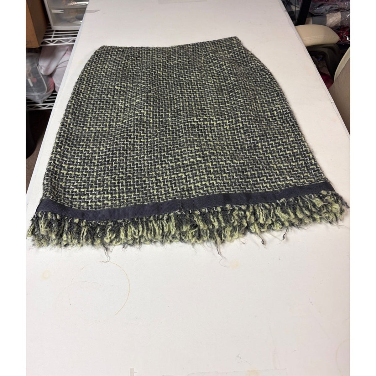 Vintage JON Womens Tweed Skirt Suit Black Grey Yellow Fringe Size 4