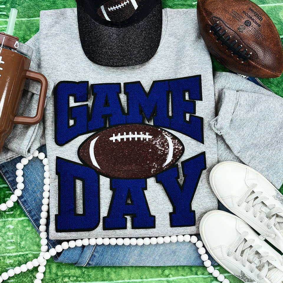 Royal Blue Game Day Sequin Patch on Grey Hoodie