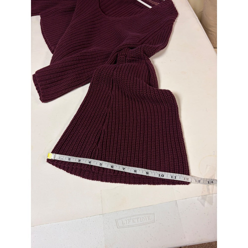 Free People Bell Sleeve Chunky Knit V-Neck Sweater Burgundy Maroon Sz S