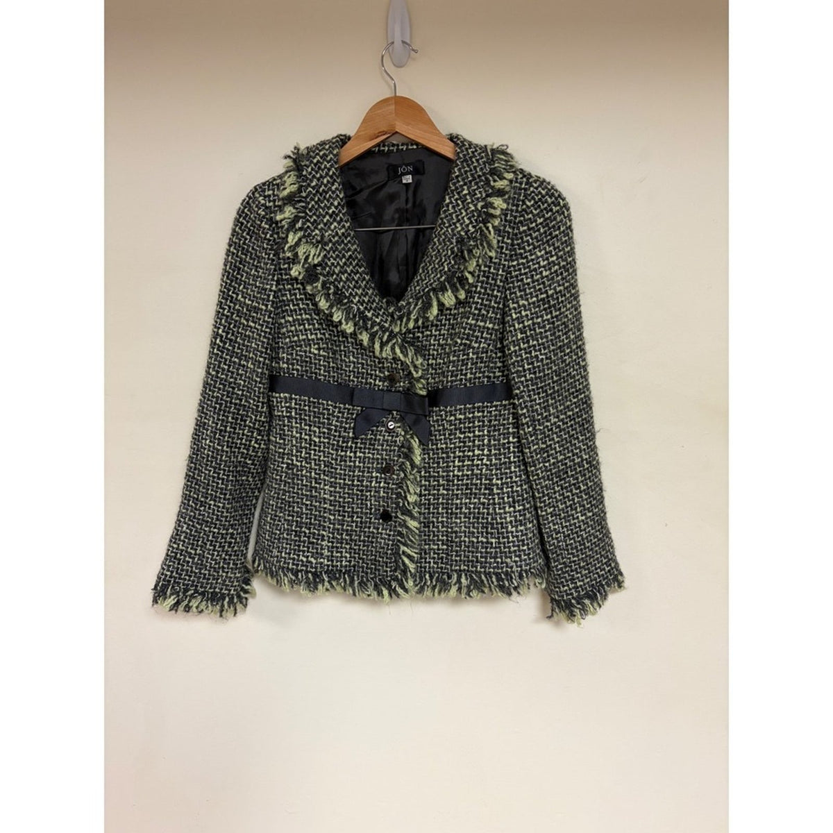 Vintage JON Womens Tweed Skirt Suit Black Grey Yellow Fringe Size 4