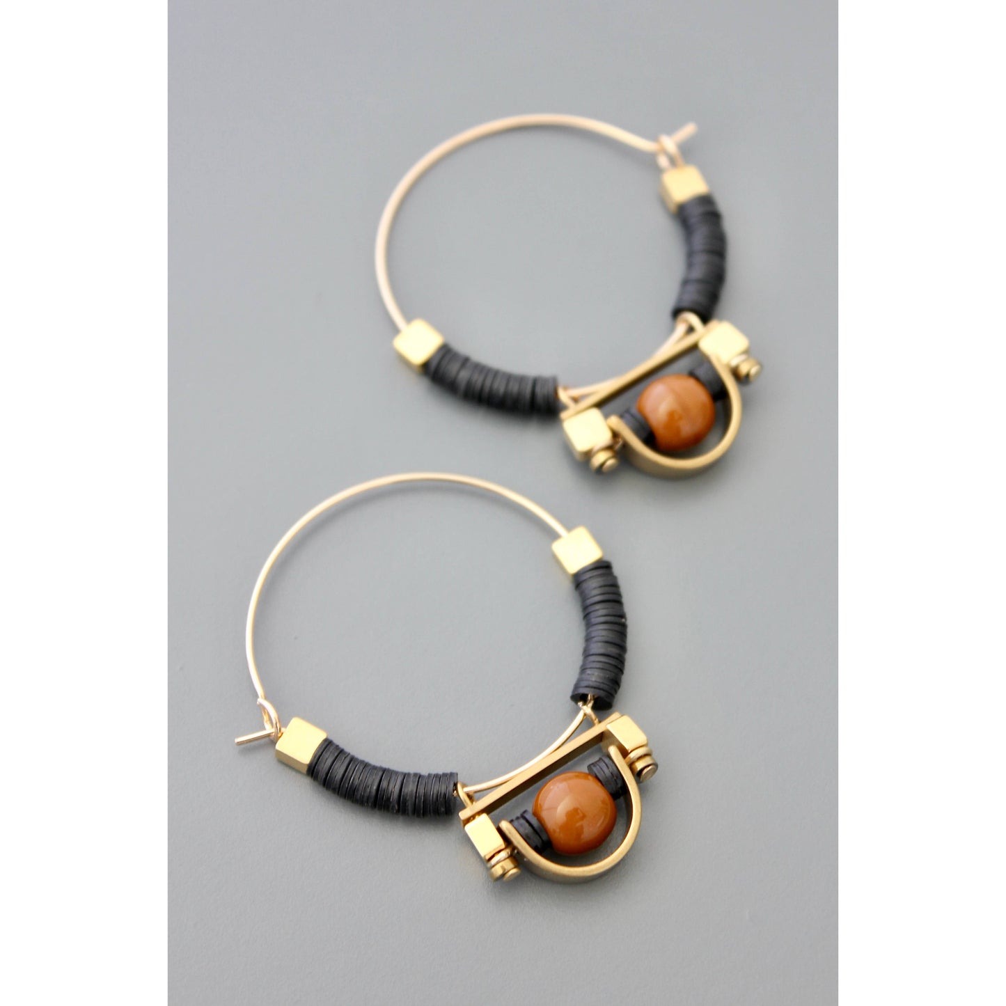 Art Deco black and brown hoop earrings