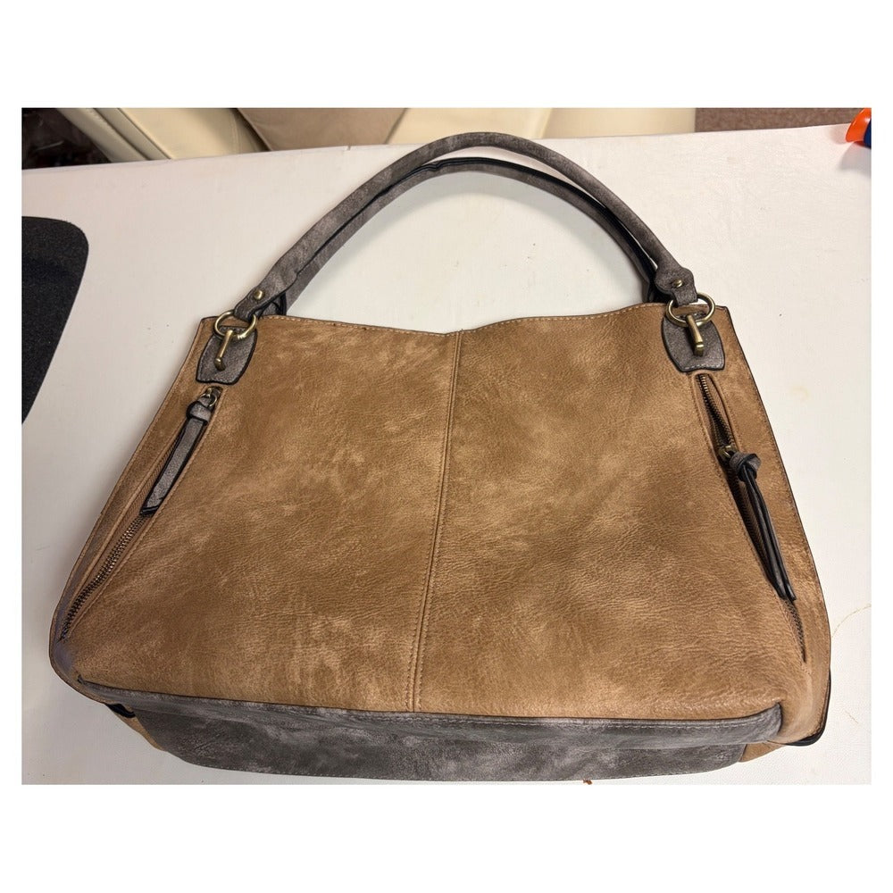 Jen & Co Two Tone Distressed Vegan Leather Shoulder Bag Tote w/ Crossbody Strap